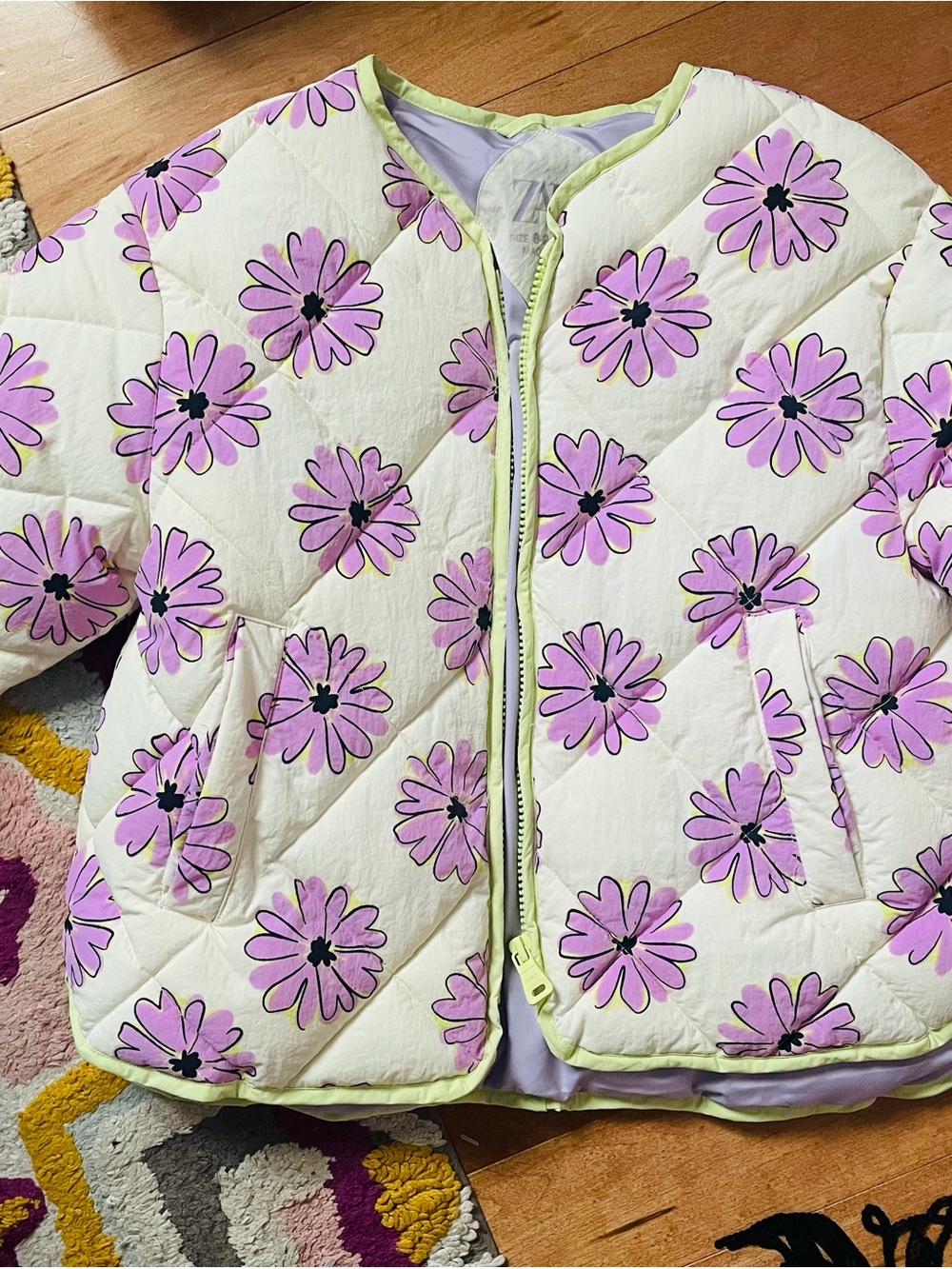 Zara NWOT Girls' Floral Quilted Jacket - White with Pink Flowers